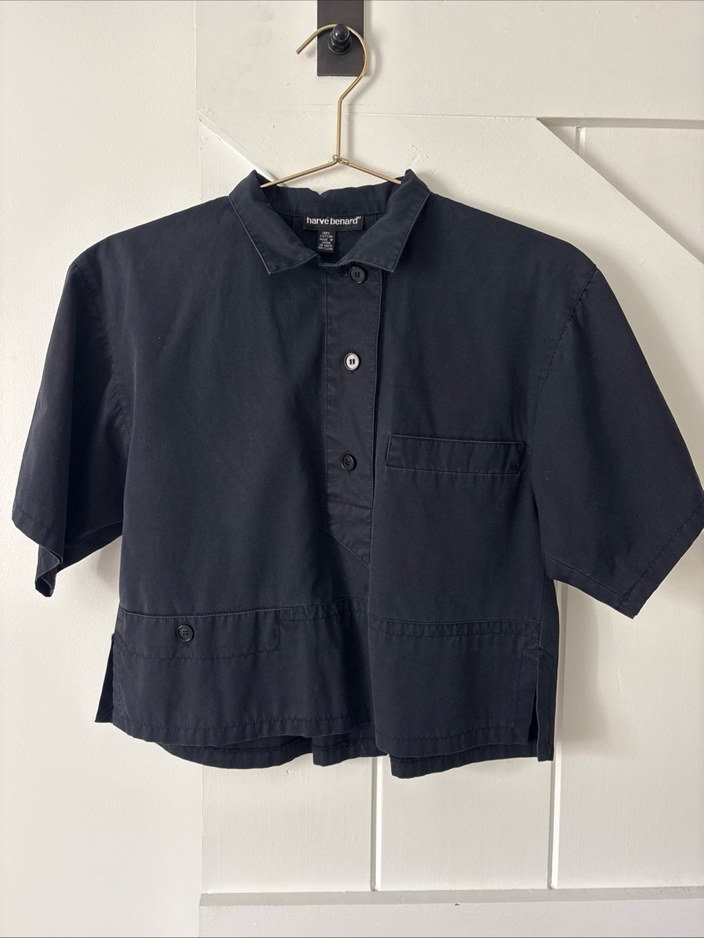 Vintage Harve Benard Cropped "Work Shirt” Top Navy Made In Japan 100% Cotton